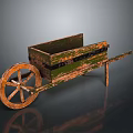 Antique Wooden Stone Wheelbarrow with Large Wooden Wheels and Green Mossy Patina