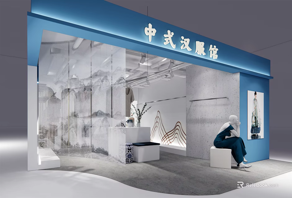 Traditional Chinese Style Hanfu Clothing Store In Mall With Display Area And Mannequins 3d model 