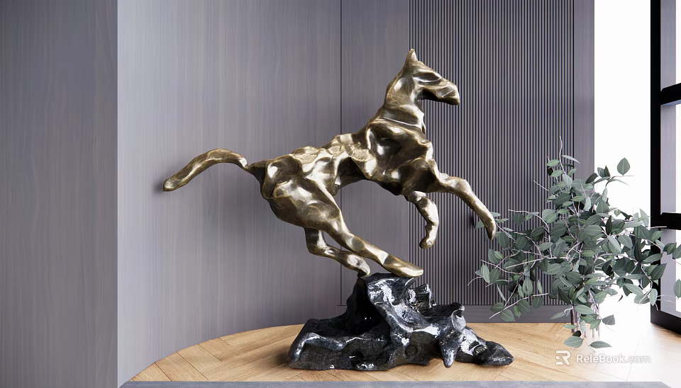 Abstract Golden Horse Sculpture Dynamic Leaping Pose With Black Stone Base And Green Plant Decor 3d model 