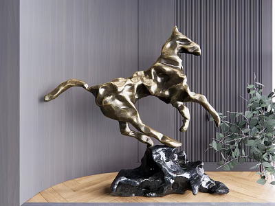 Abstract Golden Horse Sculpture Dynamic Leaping Pose With Black Stone Base And Green Plant Decor 3d model