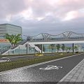 Modern Footbridge With Staircases Over Two Way Road With Cars And Trees