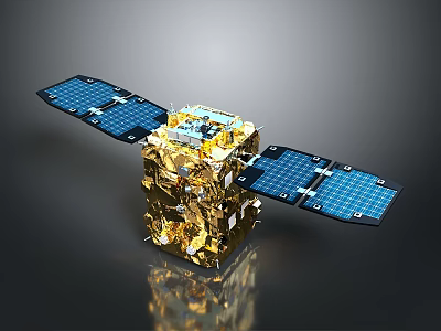 Modern Space Satellite Featuring Golden Body And Blue Solar Panels 3d model
