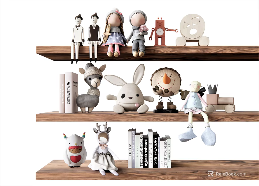 Adorable Stuffed Dolls on Wooden Shelves with Books and Animal Designs 3d model 