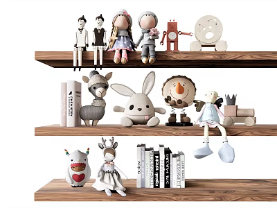 Adorable Stuffed Dolls on Wooden Shelves with Books and Animal Designs 3d model