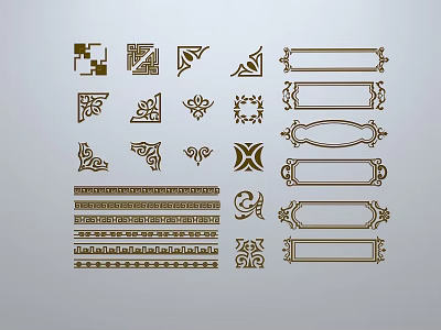 Golden Sculpture Carvings With Geometric Patterns Decorative Borders Floral Motifs And Frames For Decorative Design 3d model