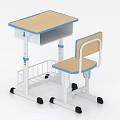 Study Desk with Wooden Surface Blue Trim Matching Chair Storage Rack and Rolling Wheels