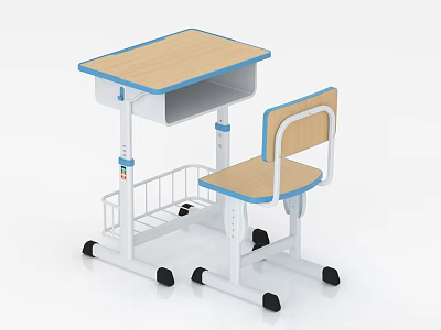 Study Desk with Wooden Surface Blue Trim Matching Chair Storage Rack and Rolling Wheels 3d model