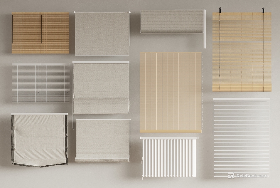 Various Curtain Types Including Bamboo Blinds Linen Roller And Striped Patterns 3d model 