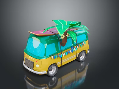 Yellow Van With Surfboard On Roof Palm Tree And Colorful Banners Decoration 3d model