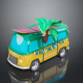 Yellow Van With Surfboard On Roof Palm Tree And Colorful Banners Decoration