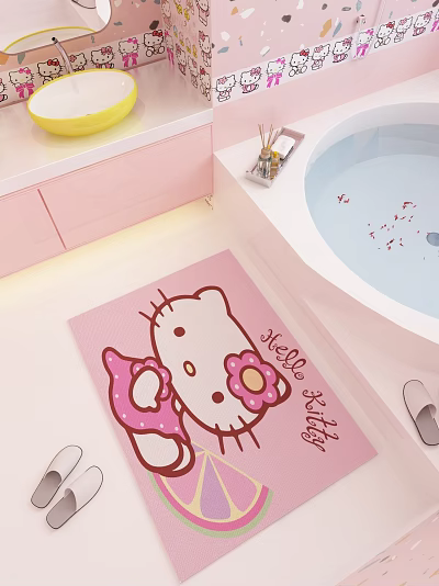 Cute Pink Square Carpet With Hello Kitty Design For Bathroom Decor 3d model