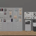 White File Cabinet in Office with Compartments Holding Folders and Books Printers and Bulletin Board