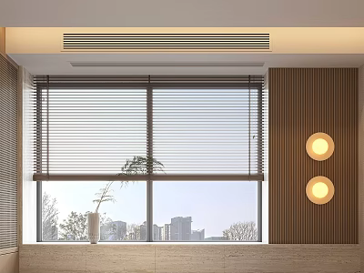 Modern Minimalist Indoor Window With Venetian Blinds Wooden Wall Round Lamps Potted Plant City View 3d model