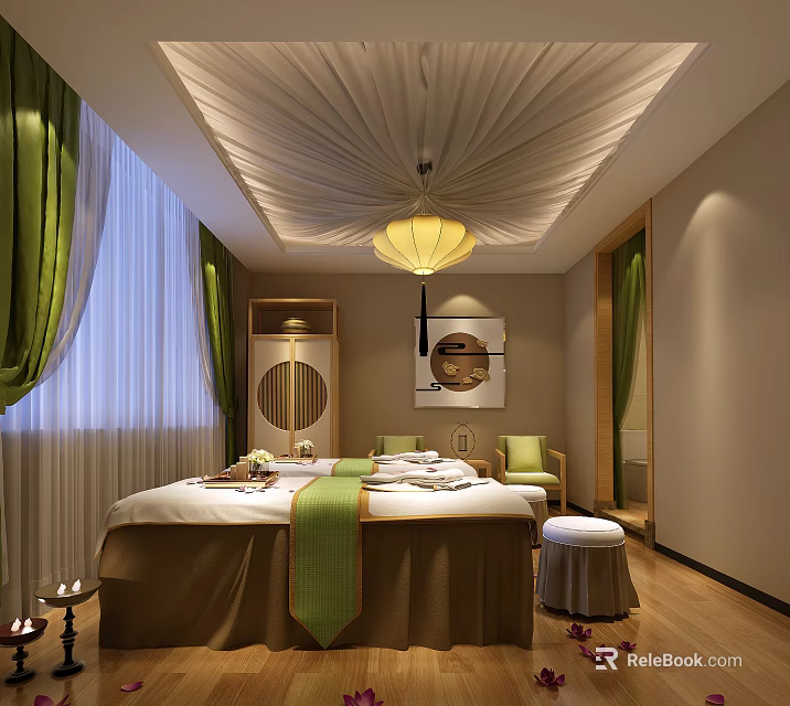 Elegant SPA Sauna Room Featuring Massage Bed Green Curtains and Pendant Lamp 3d model 