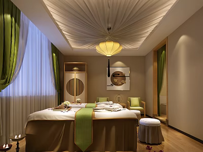 Elegant SPA Sauna Room Featuring Massage Bed Green Curtains and Pendant Lamp 3d model