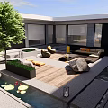 Modern Courtyard Garden With Outdoor Furniture Stone Patio Water Feature And Greenery