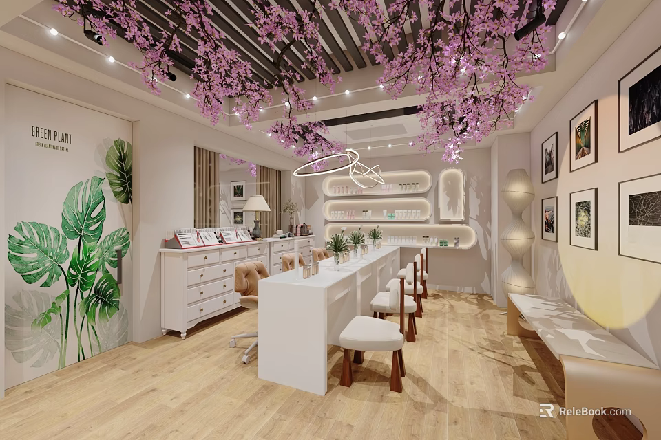Stylish Bright Beauty Nail Salon Interior With Romantic Cherry Blossom Ceiling Decor And Cozy Workstations 3d model 