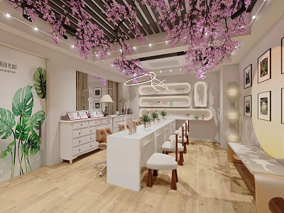 Stylish Bright Beauty Nail Salon Interior With Romantic Cherry Blossom Ceiling Decor And Cozy Workstations 3d model