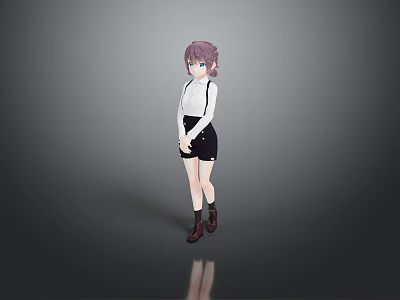 Anime Female Character with Purple Hair White Shirt Black Suspender Shorts Brown Boots Gray Background 3d model