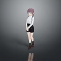 Anime Female Character with Purple Hair White Shirt Black Suspender Shorts Brown Boots Gray Background