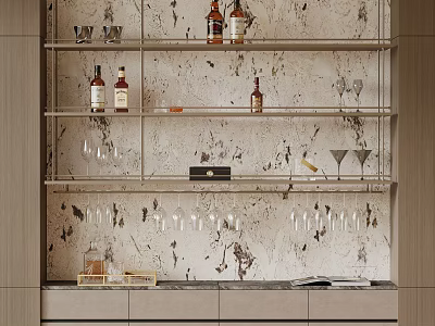 Modern Wine Cabinet With Glass Shelves Wine Bottles And Hanging Wine Glasses 3d model