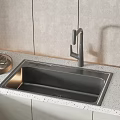 Modern Black Kitchen Sink With Sleek Faucet On Speckled Quartz Countertop And Tile Backsplash