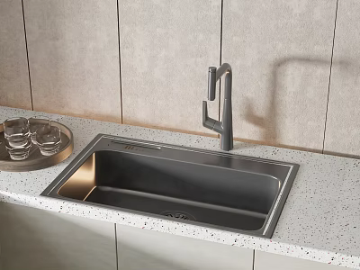 Modern Black Kitchen Sink With Sleek Faucet On Speckled Quartz Countertop And Tile Backsplash 3d model