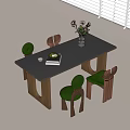 Modern Dining Table Set with Gray Tabletop Wooden Legs Green Cushioned Chairs Vase and Flowers