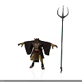Man Dressed In Traditional Mythical Costume With Outstretched Arms Next To Tall Green Trident