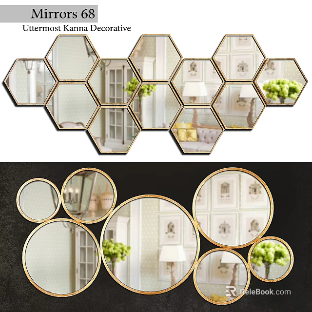 Decorative Hexagonal And Circular Gold Frame Mirrors Reflecting Room Interior With Plants 3d model
