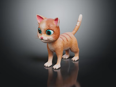 Orange Striped Kitten Toy With Big Green Eyes Standing On Dark Background With Reflection 3d model