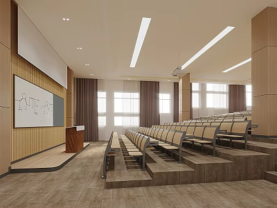 School Lecture Hall Interior With Tiered Seats Podium Whiteboard Large Windows And Wooden Panel Walls 3d model