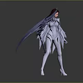 Female Character In White Tight Suit With Cloak Holding Black Scythe Red Eyes