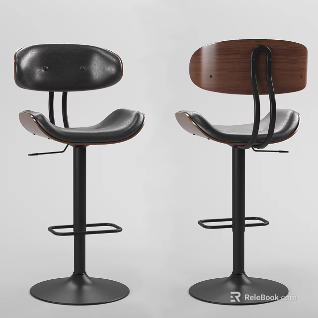 Modern Bar Stools With Leather And Wood Seats Black Metal Legs And Footrests 3d model 