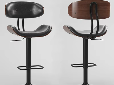 Modern Bar Stools With Leather And Wood Seats Black Metal Legs And Footrests 3d model