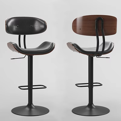 Modern Bar Stools With Leather And Wood Seats Black Metal Legs And Footrests 3d model