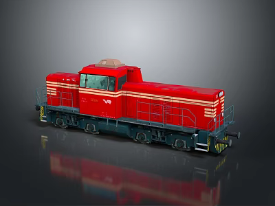 Red Train Locomotive With White Stripes Displayed On Gray Background And Reflective Surface 3d model
