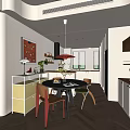 Modern Restaurant Interior With Round Dining Table Colorful Chairs Yellow Cabinets And Pendant Light