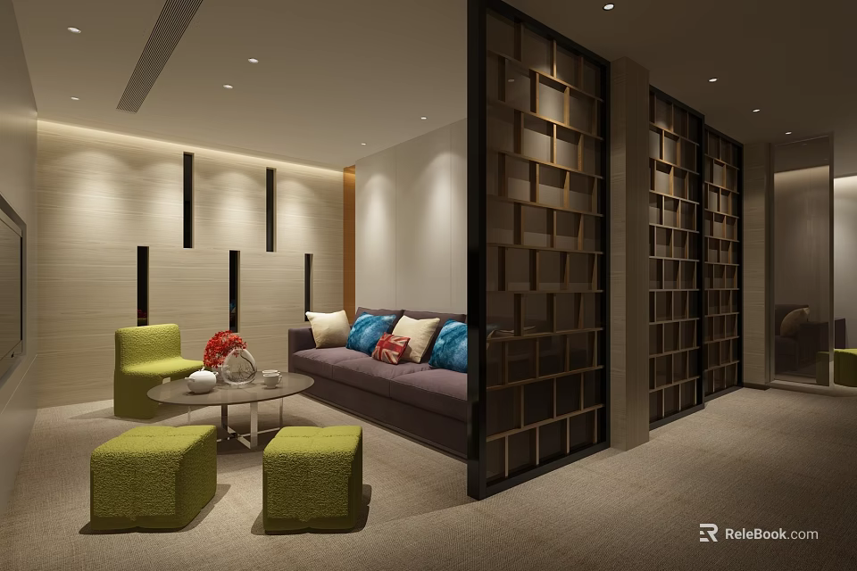 Modern Lounge Area Interior With Sofa Green Chairs Coffee Table And Bookshelf Partition 3d model 