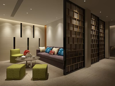 Modern Lounge Area Interior With Sofa Green Chairs Coffee Table And Bookshelf Partition 3d model