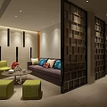 Modern Lounge Area Interior With Sofa Green Chairs Coffee Table And Bookshelf Partition