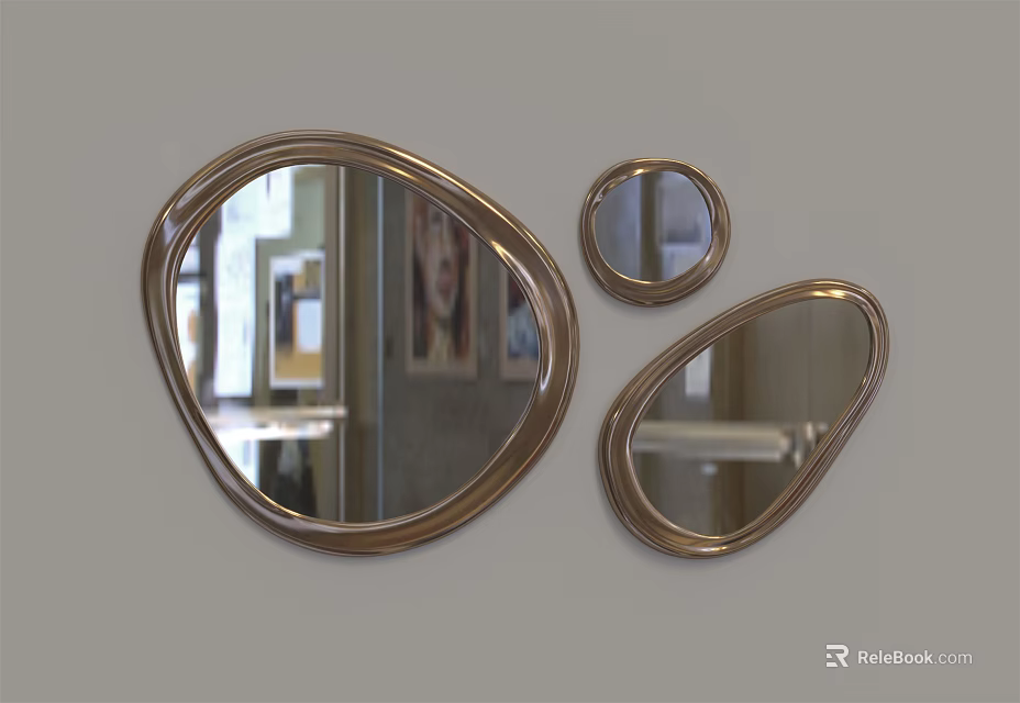 Three Wall Mounted Mirrors With Gold Frames And Irregular Shapes Design 3d model 