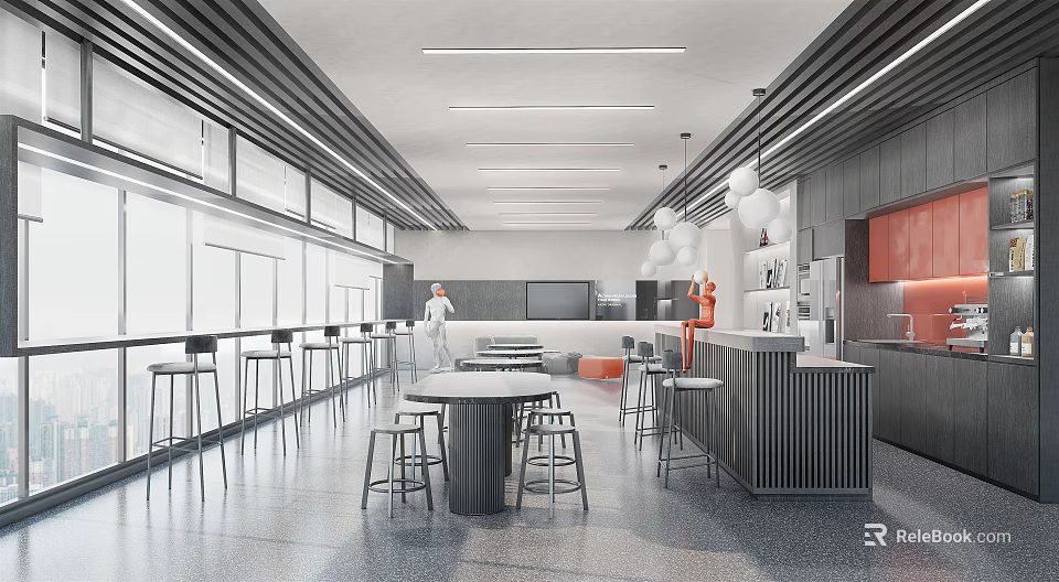Modern Break Room Interior With Long Bar Counter Round Table Bar Stools And Large Windows 3d model