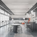Modern Break Room Interior With Long Bar Counter Round Table Bar Stools And Large Windows 3d model