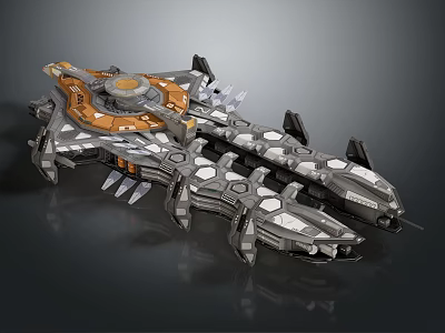 Futuristic Sci Fi Spaceship 3D Model With Orange Gray Armor And Spiked Design 3d model