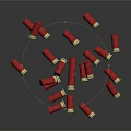 Shiny Red Bullet Casings With Gold Bottoms Scattered On Black Background Surface