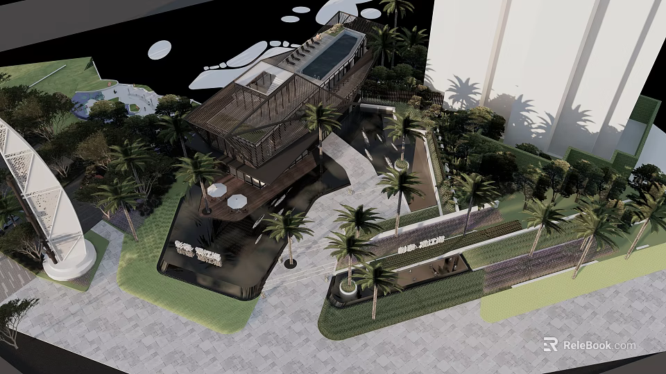 Modern Garden Landscape Design With Palm Trees Walkways And Water Features 3d model 