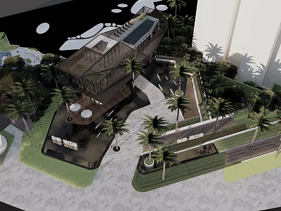 Modern Garden Landscape Design With Palm Trees Walkways And Water Features 3d model