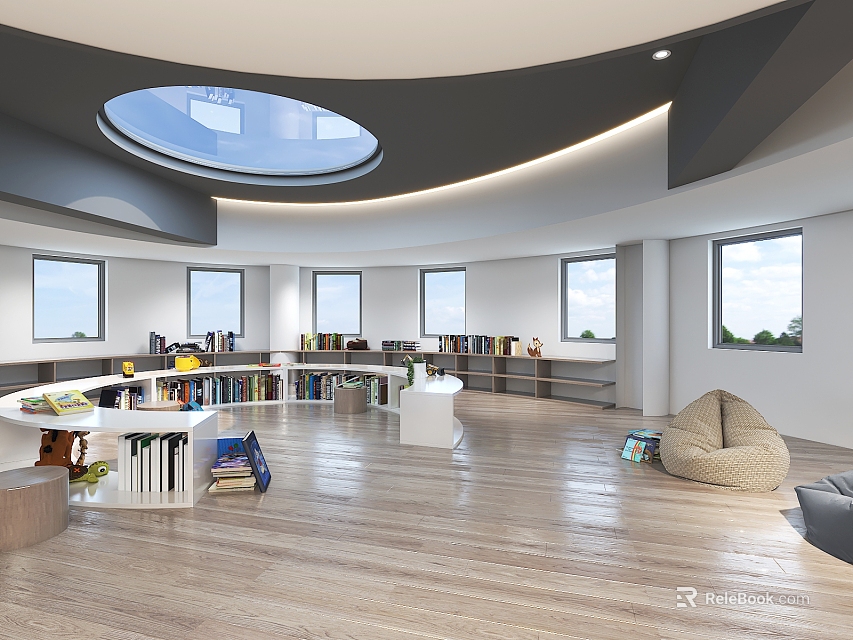 Modern Library Interior Design With Skylight Large Windows Bookshelves And Seating 3d model 
