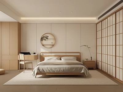 Minimalist Modern Bedroom Interior With Wooden Elements Round Decorative Painting Sliding Doors And Rug 3d model